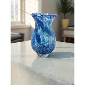 Vintage Hand Blown Blue,Teal Swirl Pattern Heavy Pedestal Bottom Vase